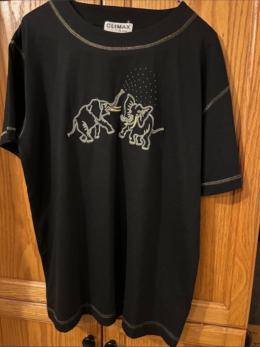 Vintage CLIMAX Black Tee with Embroidered Elephants